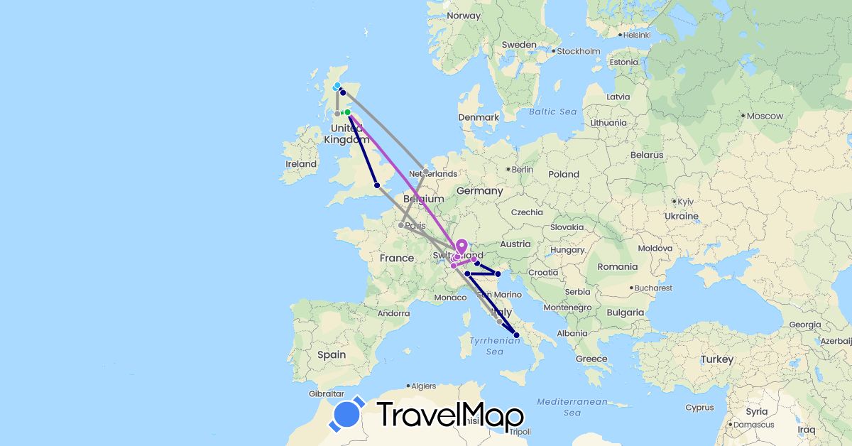 TravelMap itinerary: driving, bus, plane, train, boat in Switzerland, France, United Kingdom, Italy, Netherlands (Europe)